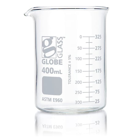 Beaker, Globe Glass, 400mL, Low Form Griffin Style, Dual Graduations, ASTM E960, 12/Box, 12PK