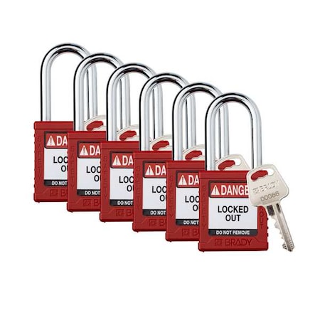 Padlock, Keyed Alike, Nylon, Red, 1 1/2 in Shackle Height, 1 1/2 in Body Width, 6 No. of Keys, 6 PK