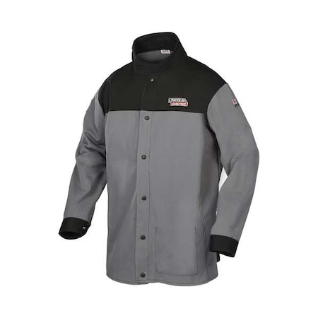 Welding Jacket, Cotton, Fabric, 9 oz, 30 in Length, Button Closure, 1 Pockets, Black/Gray, 2XL