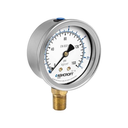Pressure Gauge, 0 to 10,000 psi psi, 2 1/2 in Dial, 1/4 in NPT, Bottom Location