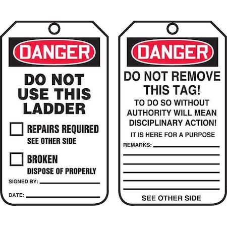 Tag, Danger, Plastic, 5 3/4 in H x 3 1/4 in W, Rectangle, 25 PK