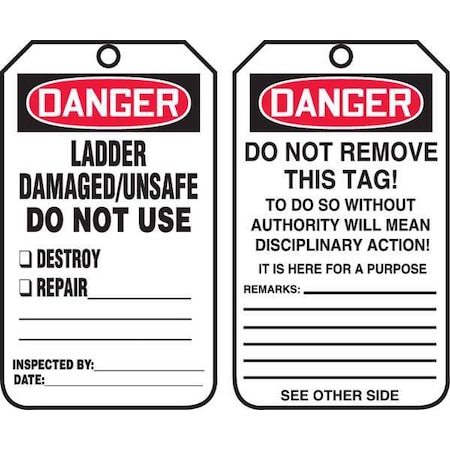 Tag, Danger, Plastic, 5 3/4 in H x 3 1/4 in W, White, Rectangle, 25 PK