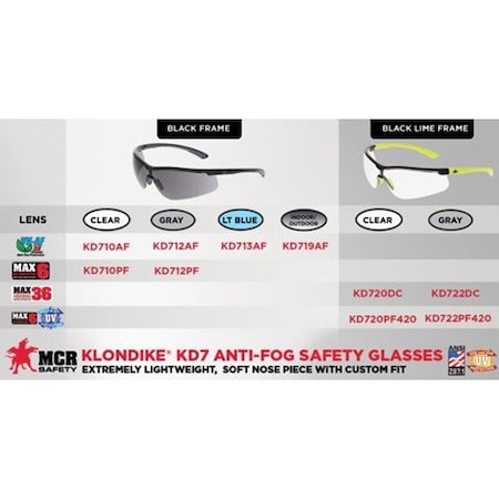 Klondike (KD7), Safety Glasses, Dual Coated MAX3/MAX6, Gray Lens, Hi-Vis Lime Frame, Half Frame