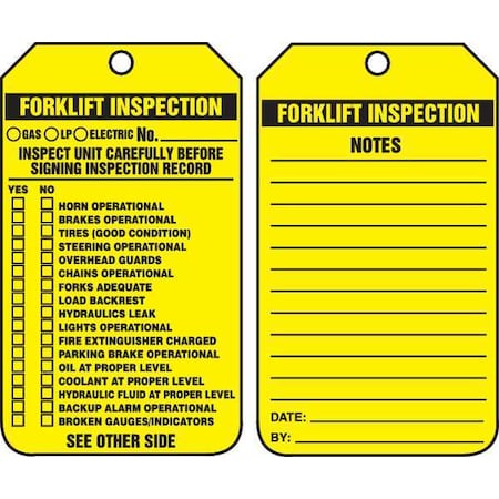 Tag, Forklift, Plastic, 5 3/4 in H x 3 1/4 in W, Rectangle, 25 PK