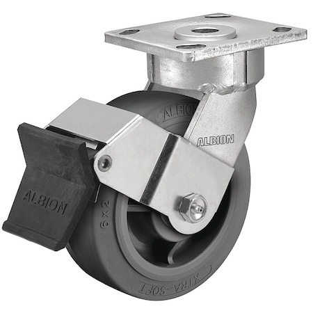 8" X 2" Non-Marking Rubber Soft Flat Swivel Caster, Face Brake, Loads Up To 675 lb