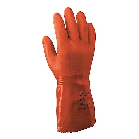 Atlas 620 Chemical Resistant Gloves, Cotton, PVC, 12 in L, Orange, M, 1 PR