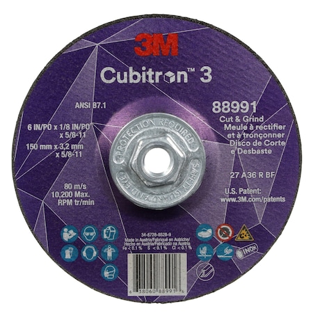 Cut-Off and Grinding Wheel, Type 27, 6 in Dia, 0.125 in Thick, 5/8"-11 Arbor Hole Size, Ceramic