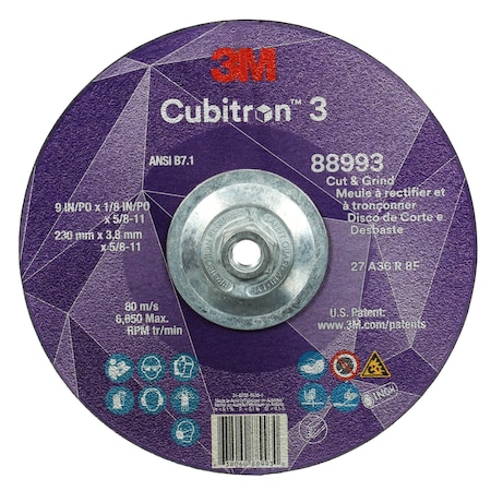 Cut-Off and Grinding Wheel, Type 27, 9 in Dia, 0.125 in Thick, 5/8"-11 Arbor Hole Size, Ceramic