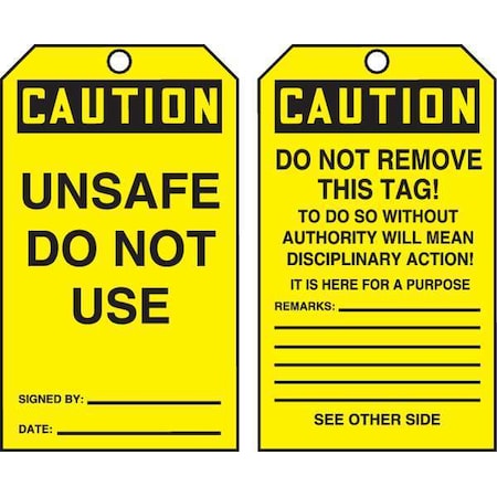 Caution Tag By The Roll, General Safety, Cardstock, 6 1/4 in H x 3 in W, Yellow, Rectangle, 100 PK