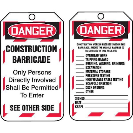 Danger Tag, Status Alert, Plastic, 5 3/4 in H x 3 1/4 in W, White, Rectangle, 25 PK