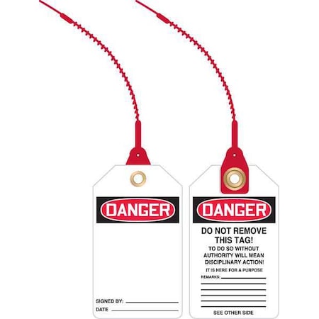 Loop n Lock Danger Tag, General Safety, Plastic, 5 7/8 in H x 3 3/8 in W, White, Rectangle, 10 PK