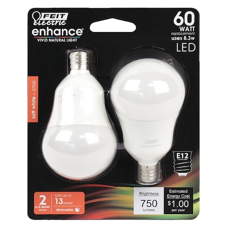 LED,8.3 W,A15,Candelabra Screw (E12),PK2