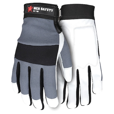919 Mechanics Gloves, Goatskin Palm, Nylon, Spandex Back, L, Gray/White