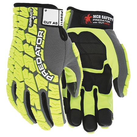 Predator Mechanics Gloves, Synthetic Leather Palm, Spandex Back, 2XL, Gray/Lime