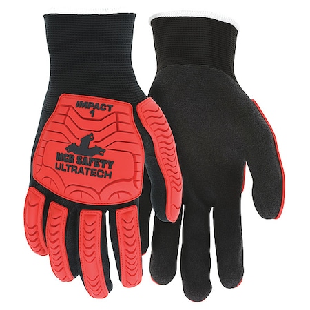 Coated Gloves, Nitrile, Dotted, Palm and Fingers, 3 Abrasion Level, Black/Red/White, S (7) 12 PK
