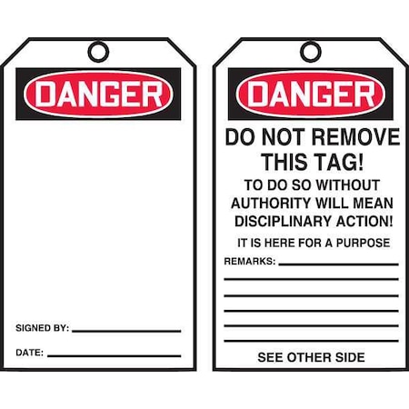 Danger Tag By The Roll, General Safety, Cardstock, 6 1/4 in H x 3 in W, White, Rectangle, 100 PK
