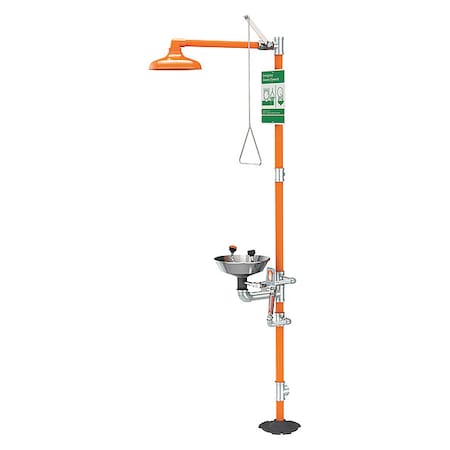 Shower with Eyewash, Floor Mount, Galvanized Steel Pipe, 94 3/4 in H, Stainless Steel Bowl, Orange