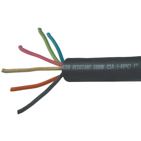 Portable Cord, SOOW, 12 AWG, 6 C, Black, Rubber, Stranded, 600V, Indoor/Outdoor, 25 ft