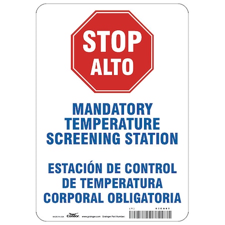 Temperature Screening Sign, 7" W x 10" H, English, Spanish, Aluminum