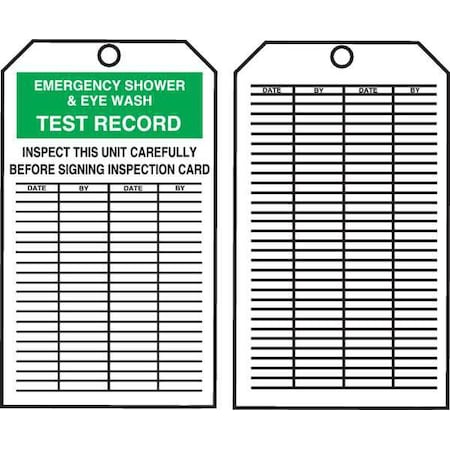 Tag, Emergency Shower & Eye Wash Test, Cardstock, 6 1/4 in H x 3 in W, White, Rectangle, 250 PK