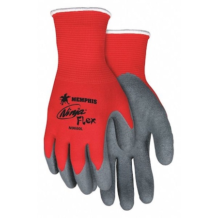 Coated Gloves, Natural Rubber Latex, Crinkled, Palm, Not Rated Abrasion Level, Red/Gray, XL 1 PR