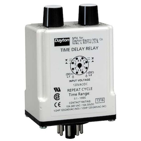 Single Function Time Delay Relay, Octal, Cycle On, 1 Functions 120V AC/DC, DPDT