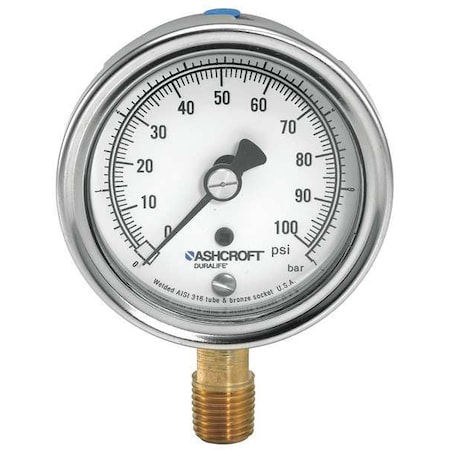 Industrial Pressure Gauge, 0 to 300 psi, 3 1/2 in Dial, 1/4 in NPT, Bottom Location