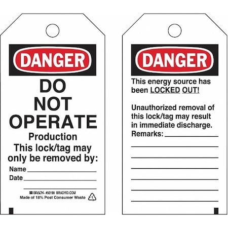 Lockout Tag, Danger, Paper, 3 in Width, 5 3/4 in Height, Write On Surface: Yes