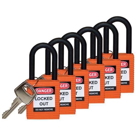 Lockout Padlock, Keyed Different, Nylon, Orange, 1 1/2 in Shackle Height, 1 1/2 in Body Width, 6 PK