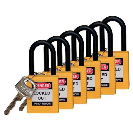 Lockout Padlock, Keyed Alike, Nylon, Yellow, 1 1/2 in Shackle Height, 1 1/2 in Body Width, 6 PK