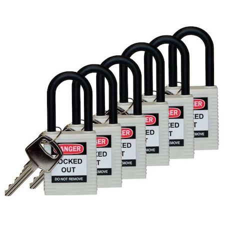 Lockout Padlock, Keyed Alike, Nylon, White, 1 1/2 in Shackle Height, 1 1/2 in Body Width, 6 PK