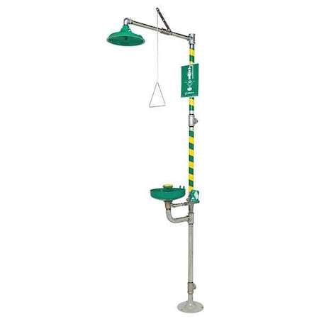 Shower with Eyewash, Floor Mount, Galvanized Steel Pipe, 93 1/4 in H, Plastic Bowl, Green/Yellow