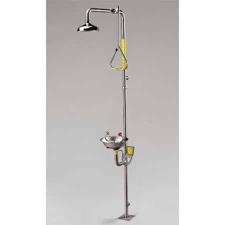 Emergency Shower Combination, Floor Mount, Stainless Steel Pipe, 93.75 H, Stainless Steel Bowl