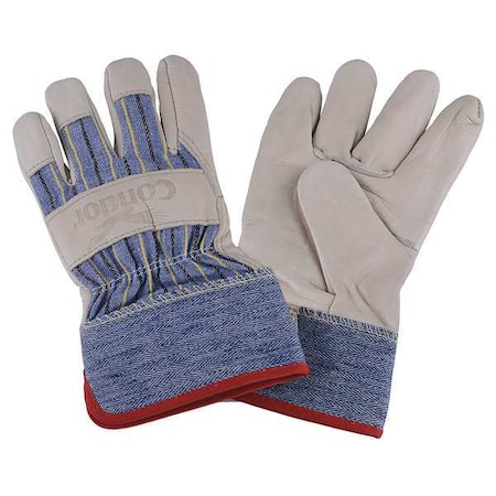 Leather Gloves, Cowhide, Safety Cuff, Wing Thumb, Beige/Blue, M, 1 PR