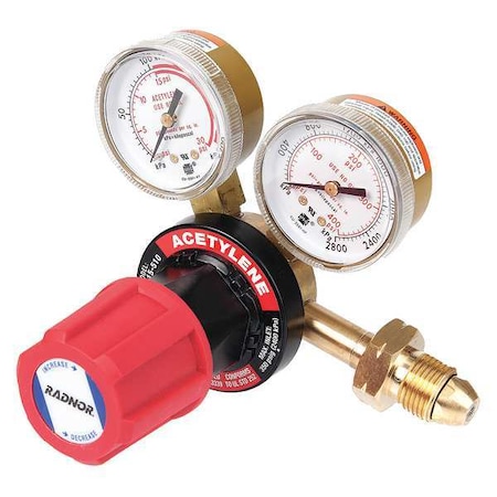 Gas Regulator, Acetylene, Single Stage, 0.885"-14 Inlet, 9/16"-18 Outlet, 2 to 15 psi