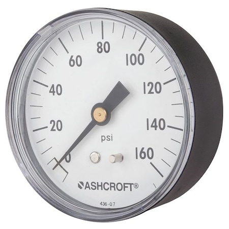 Industrial Pressure Gauge, 0 to 160 psi, 2 1/2 in Dial, 1/4 in NPT, Center Back Location