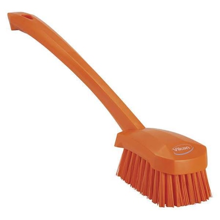 2 3/4 in W Scrub Brush, Stiff, 11 51/64 in L Handle, 4 1/2 in L Brush, Orange, Plastic