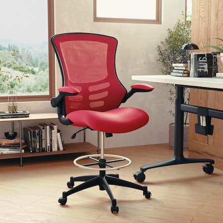 Kelista Mid-Back Red Mesh Ergonomic Drafting Chair with Adjustable Foot Ring and Flip-Up Arms