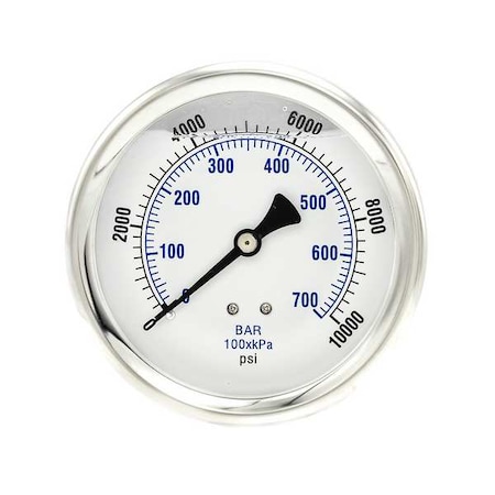 Industrial Pressure Gauge, 0 to 10,000 psi, 4 in Dial, 1/4 in NPT, Center Back Location