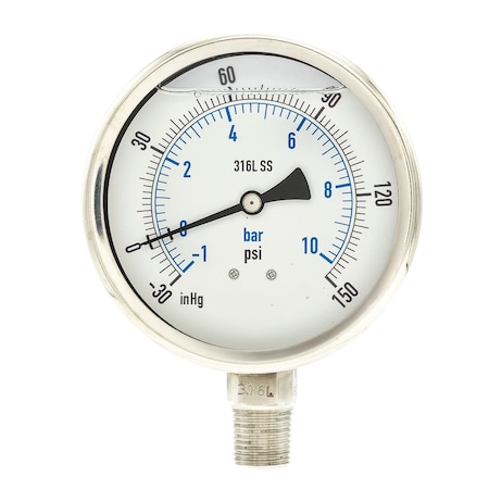 Industrial Compound Gauge, 30 to 0 to 150 psi, 4 in Dial, 1/2 in NPT, Bottom Location