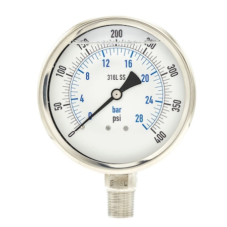 Industrial Pressure Gauge, 0 to 400 psi, 4 in Dial, 1/2 in NPT, Bottom Location