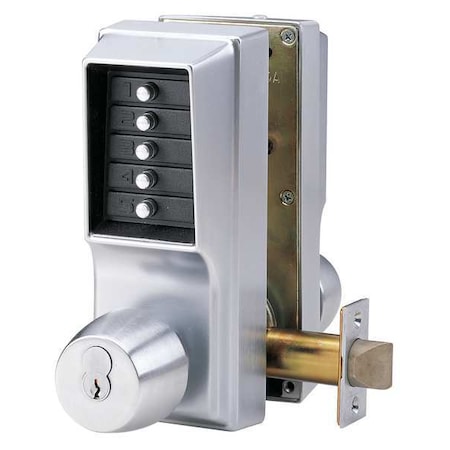 Mechanical Push Button Lockset, Satin Chrome, 1-3/4" to 2-1/4" For Door Thickness, 5 Number of Keys