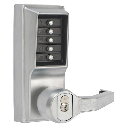 Mechanical Push Button Lockset, Satin Chrome, 1-3/8" to 2-1/4" For Door Thickness, 5 Number of Keys
