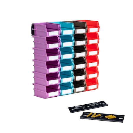 Wall Storage Unit W/ (24) 5-3/8" L x 4-1/8" W x 3" H Multi Poly Bins & Wall Mount Rails