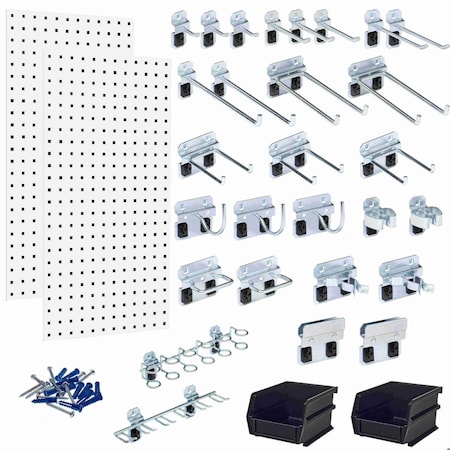 30 pc LocHook Assortment & Hanging Bin System W/ (2) 18" W x 36" H White Steel Square Hole Pegboards