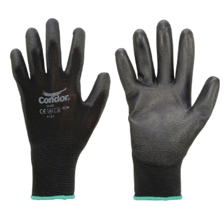 Coated Gloves, Polyurethane, Flat, Palm and Fingers, Not Rated Abrasion Level, Black, M 1 PR