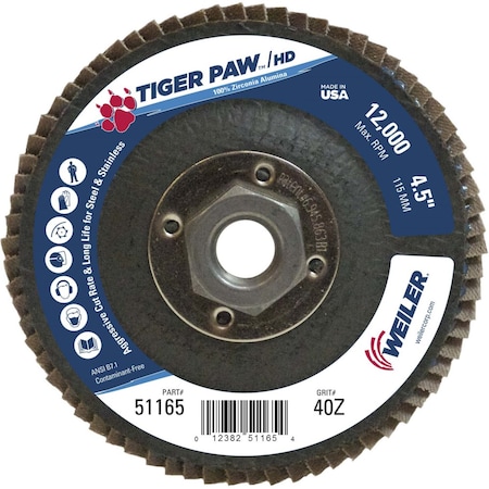 4-1/2" Tiger Paw Density Flap Disc, Flat (TY27), 40Z, 5/8"-11 UNC