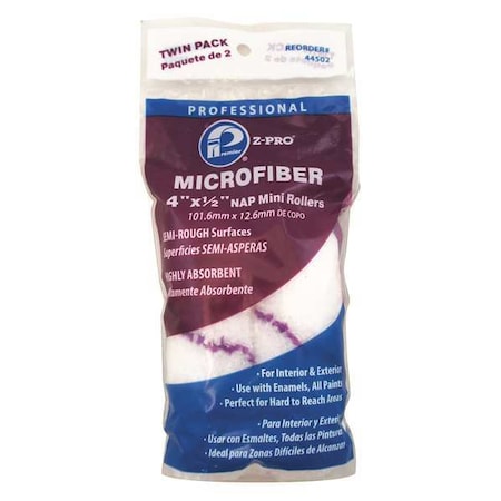 4" Paint Roller Cover, 1/2" Nap, Microfiber, 2 PK