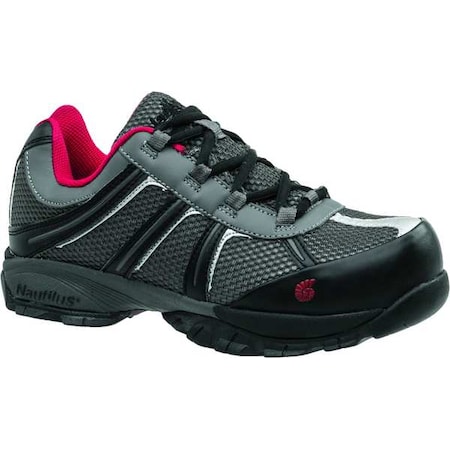 Men's Athletic Shoe, Steel Toe, Leather, Mesh Upper, Rubber Outsole, Lace Up, Gray/Red, 11 Medium