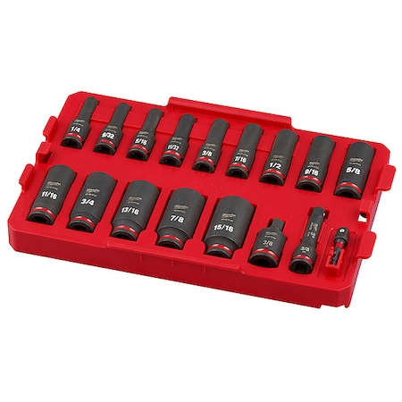 17 pc. SHOCKWAVE Impact Duty 3/8" Drive SAE Deep Well Socket Set, PACKOUT Low Organizer Tray